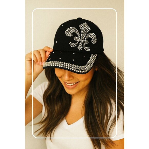 Rhinestone Fleur De Lis Baseball Cap - Sparkle & Shine Like A Disco Ball! Adjust - Picture 1 of 8